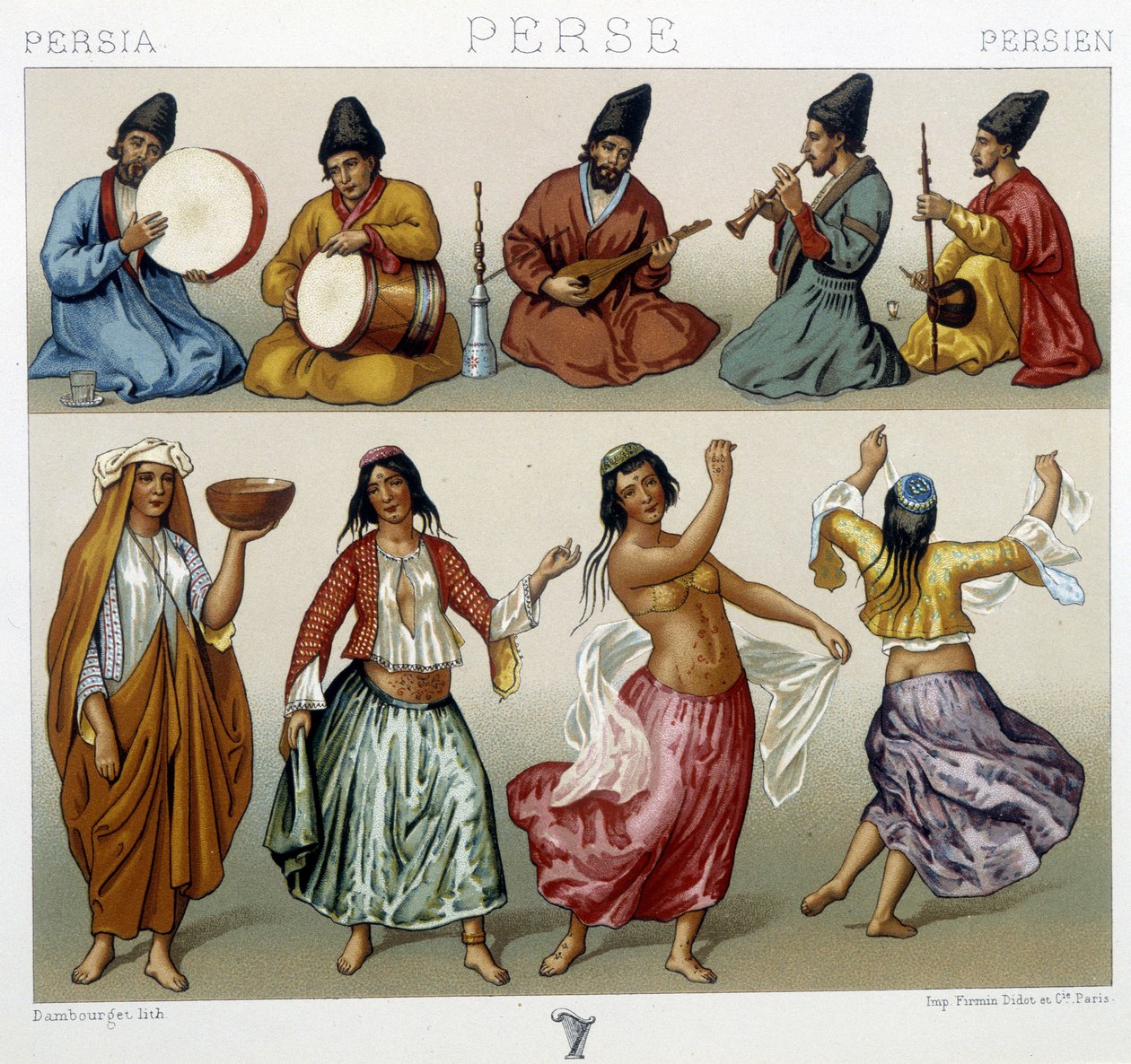 Musikere og dansere i Persia - i "" Den historiske drakten"" av Racinet av Unknown artist