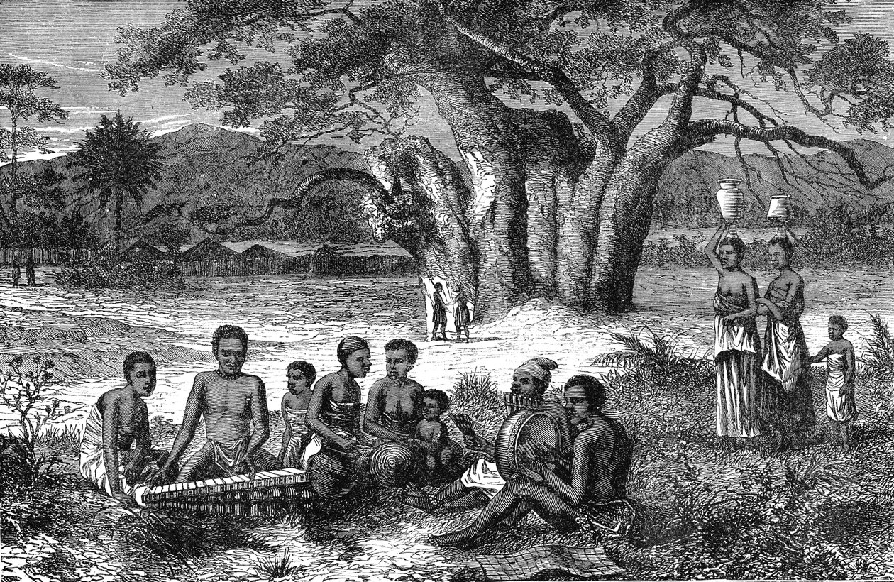 Musikere ved bredden av Zambeze-elven, Afrika. Gravering 1885 av Unknown artist