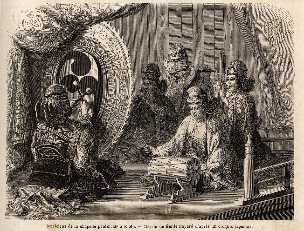 Musikere fra det pavelige kapellet i Kyoto (eller Kioto), som spiller fem hellige instrumenter, fløytetraversiere og fløyte av pan, marinekonkylie, pauker og kakdaiko, den originale gongen. Gravering for å illustrere reisen til Japan i 1863-1864, av Aime H av Unknown artist