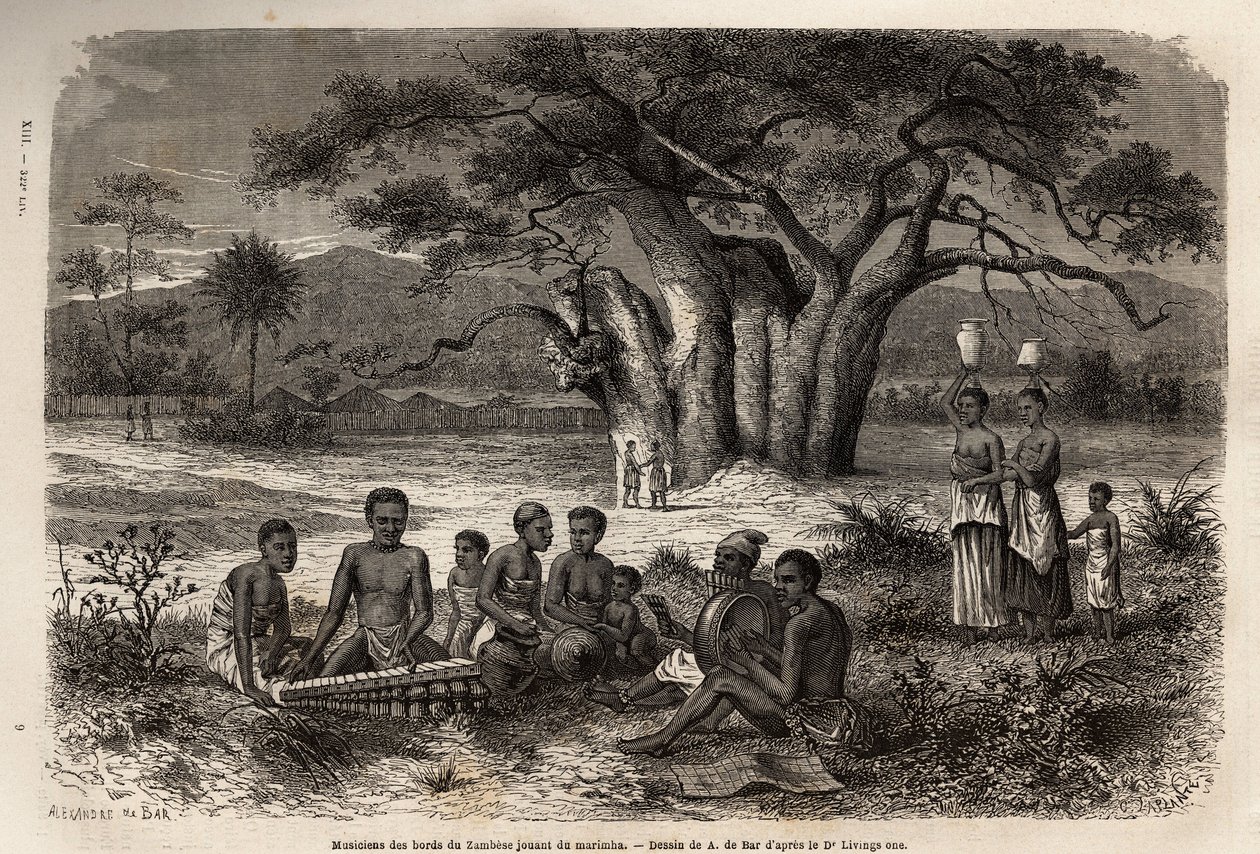 Musikere som spiller marimba (en blanding av balafon og precolombianske instrumenter) ved bredden av elven Zambese. Gravering for å illustrere Dr. Livingstones første reiser til Sør-Afrika fra 1840 til 1856, i «Le tour du monde, nouveau journal des voyages av Unknown artist