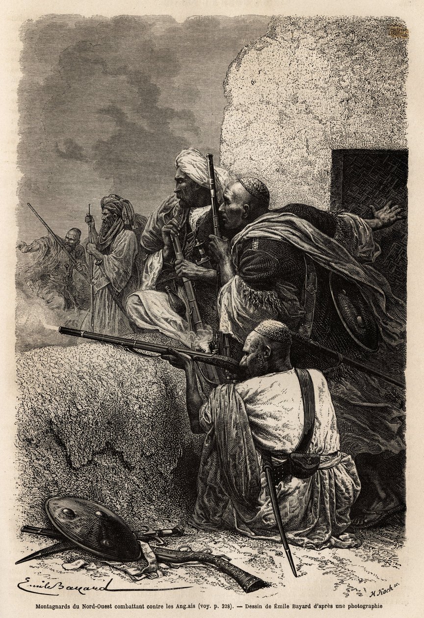 Muslimske fjellklatrere bosatte seg i fjellene i Svat, og kjempet mot en engelsk ekspedisjon i 1863 for å stoppe plyndringen av landsbyer i regionen. Gravering for å illustrere historien om Pandjab og Kashmir, av Guillaume Lejean i 1866, utgitt i "" Le tou av Unknown artist