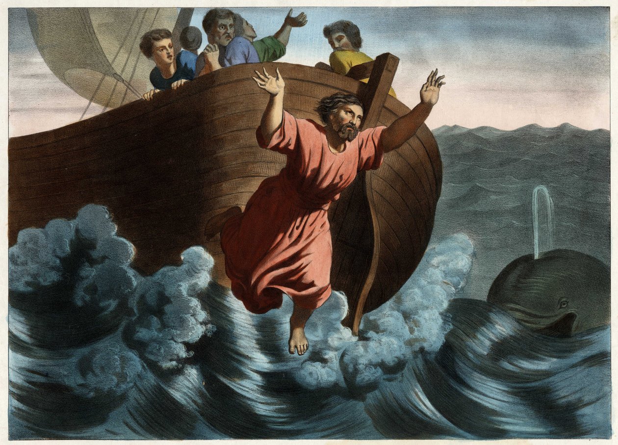 Jonas ble kalt ansvarlig for stormen som truet skipet, og foreslo at det skulle kastes over bord. Gud sendte en fisk som svelget profeten. Anonym gravering fra midten av 1800-tallet. av Unknown artist