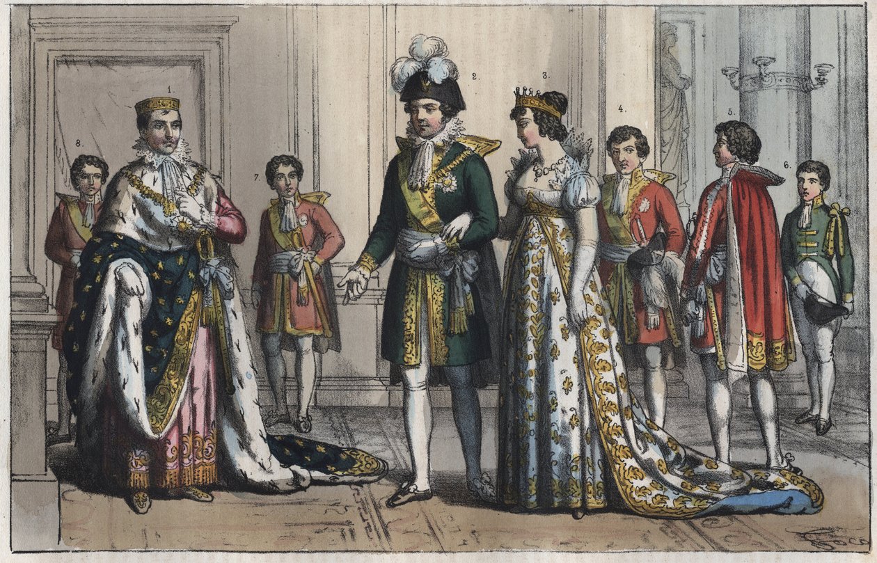 Napoleon Bonaparte (1769-1821), som konge av Italia - visekonge (visekonge) - en visekonges kone - Butler - Lord Chamberlain - Page-boy - equerry - seremonimester - gravering fra "" Skikker og skikker for alle folk i universet. Eller regjeringens historie, av Unknown artist