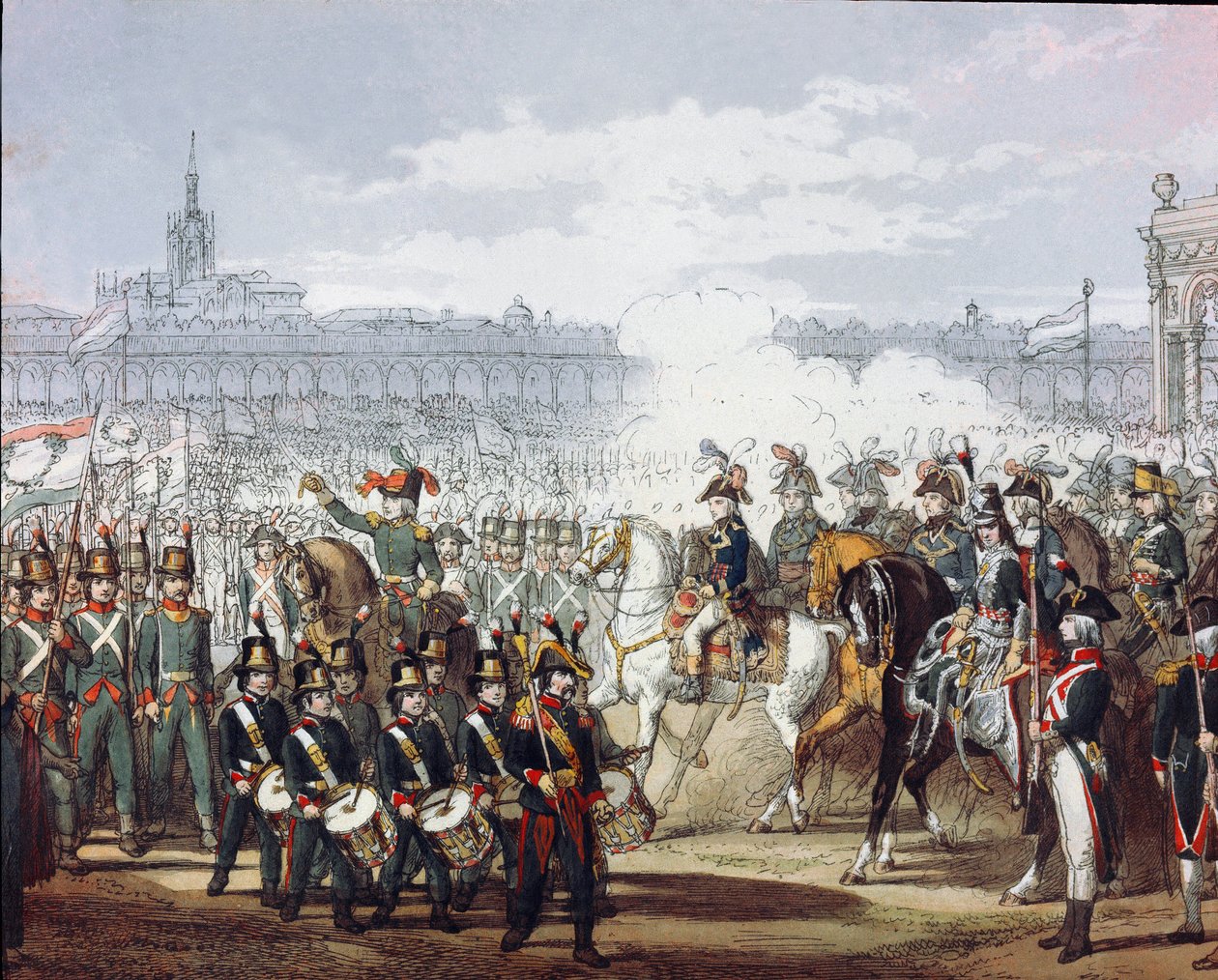 Napoleon Bonaparte (1769-1821) gjennomgår den lombardiske og cispadanske legionen av militsen på 09.07.1797 Akvarellgravering. Milano, Museo del Risorgimento av Unknown artist