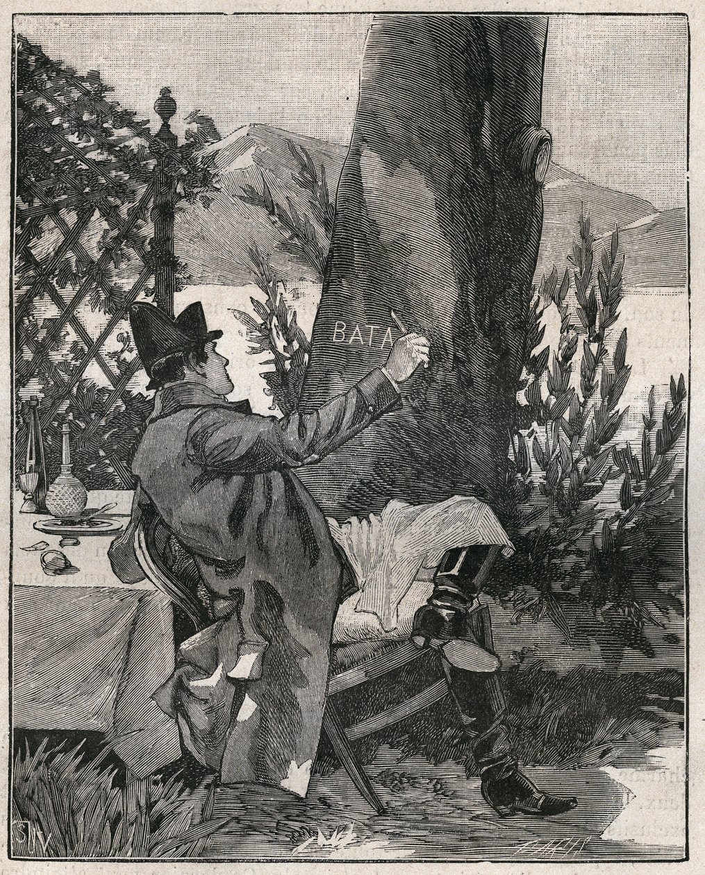 Napoleon Bonaparte (1769-1821) skrev ordet "Bataglia" på stammen til et laurbærtre på øya Isola Bella ved Lago Maggiore (Lago Maggiore), tre dager før slaget ved Marengo i 1800. Gravering fra 1885 i "" Les arts et metiers illustres” av Unknown artist