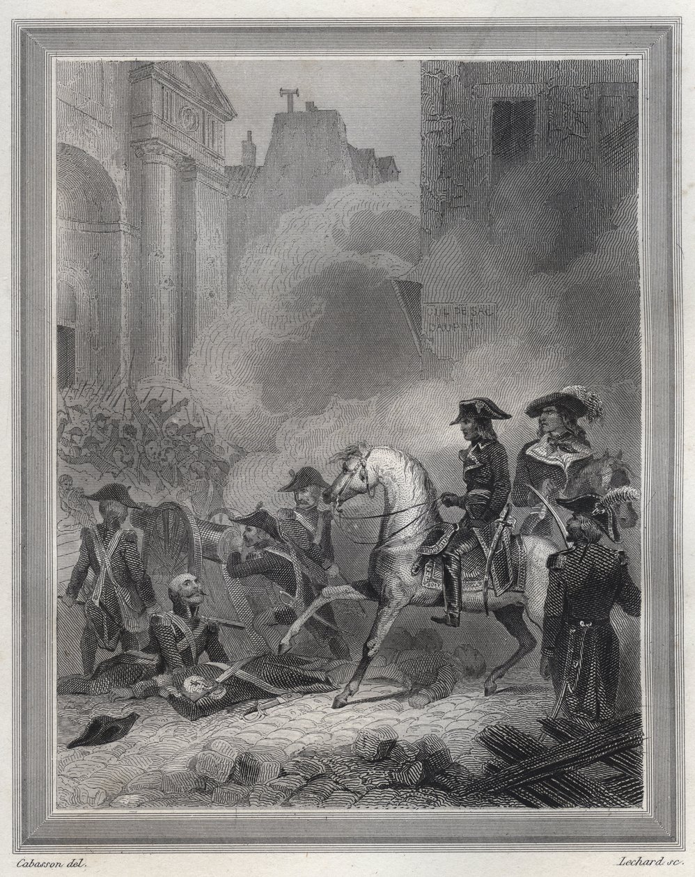 Napoleon Crushing Royalist Rebellion - Napoleon Bonaparte (on horseback) commanding revolutionary troops in street fighting on 13 Vendemiaire (5 October) - 13 Vendemiaire 1795 (Royalist insurrection of 5 October 1795): Bonaparte restabbed the order by shoo av Unknown artist