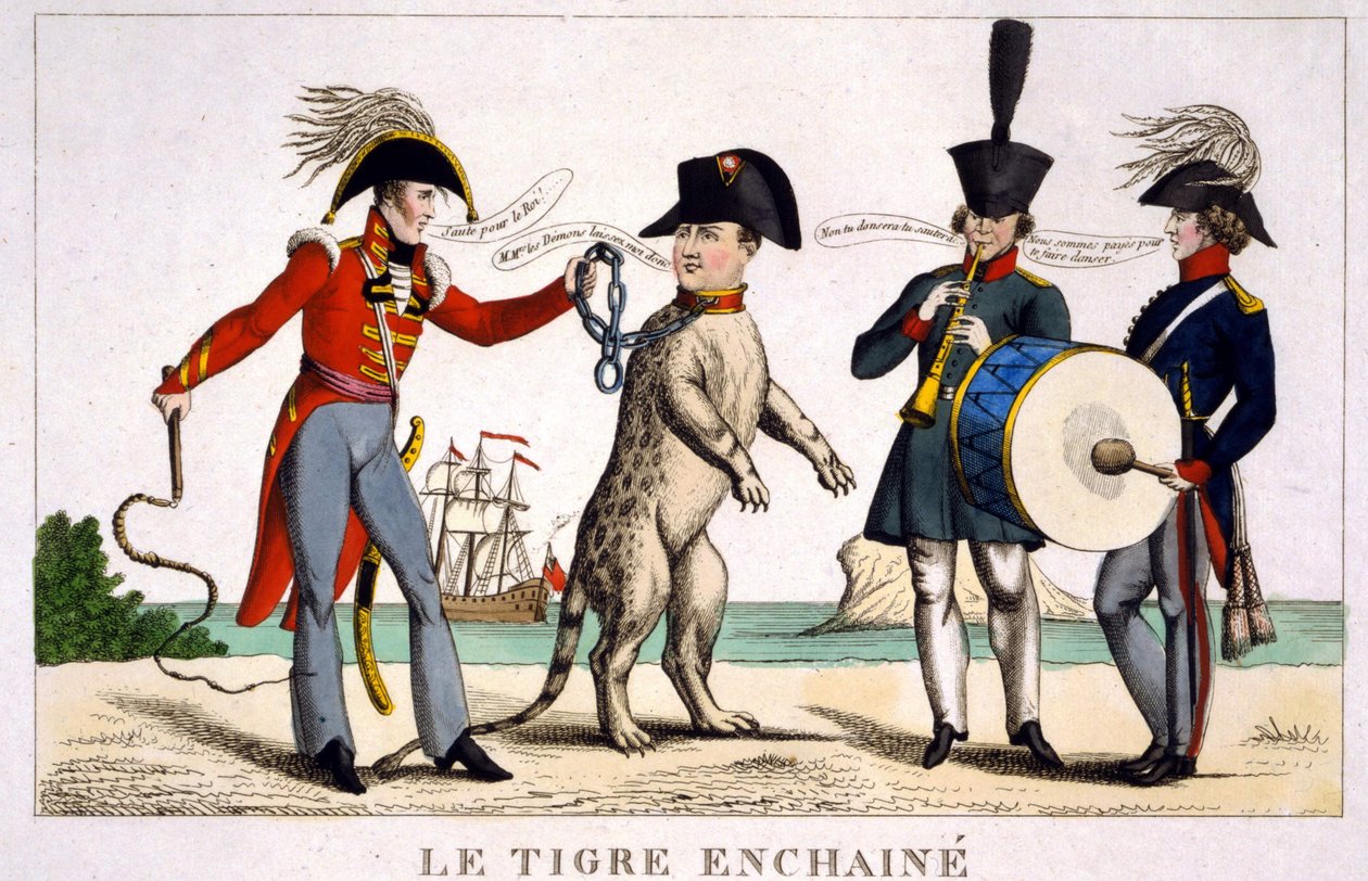 Napoleon I i en lenket tiger holdt av en britisk offiser med pisk. Russland og Østerrike spiller musikk ved siden av. Tegneserie 1815. av Unknown artist