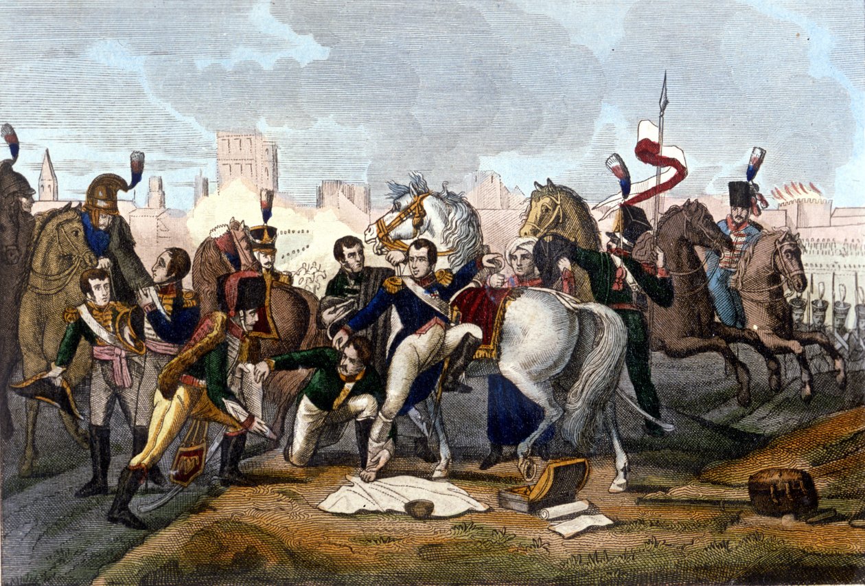 Napoleon I såret foran Regensburg 23. april 1809. Gravering 1800-tallet. av Unknown artist