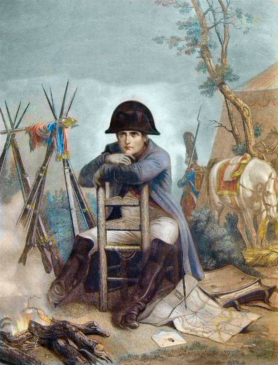 Napoleon ved bivuaken kvelden for slaget ved Austerlitz - gravering av Philippoteaux - Napoleon ved bivuak. Slaget ved Austerlitz (1805), også kjent som slaget om de tre keiserne av Unknown artist