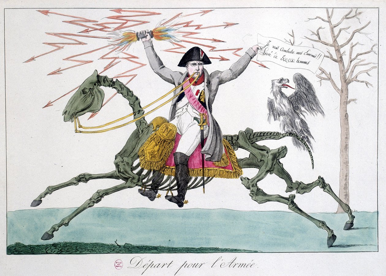 Napoleon: karikatur i en krigermann på et hesteskjelett - i "" Napoleon 1er"", samling av karikaturer av Unknown artist
