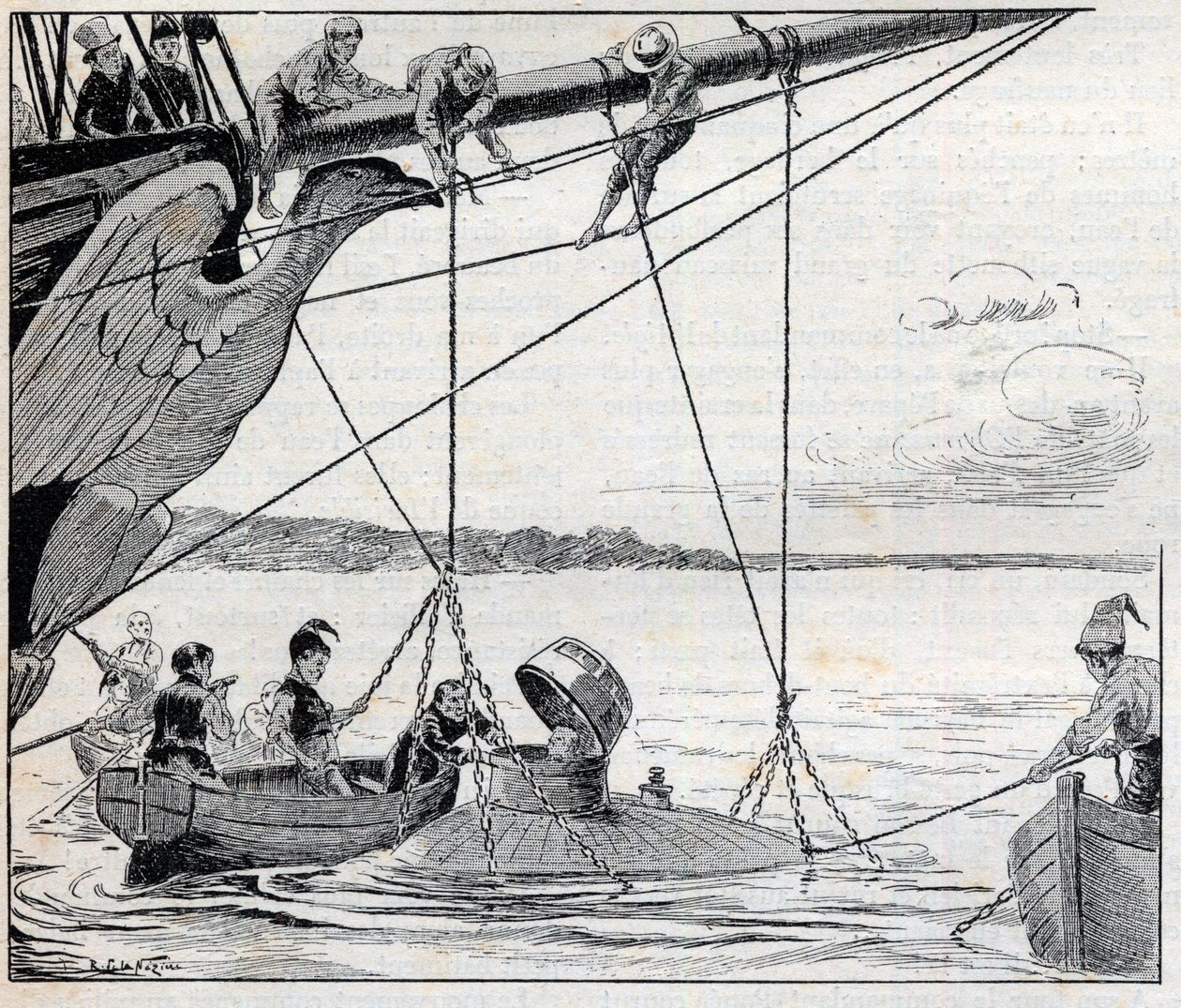 Napoleon escaping from the island of Saint Helene in a submarine (submarine) - illustration for the novel by Emile Cyprien (Emile-Cyprien) Driant (1855-1916), “Emperor
