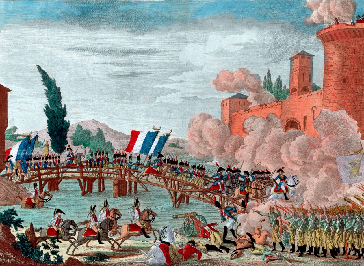 Napoleon ledet hæren sin over broen ved Lodi - Napoleon under slaget og passeringen av broen til Lodi i 1796 - Passering av broen til Lodi i Italia av den republikansk-franske Armee på oppdrag av generalsjef Napoleon Bonaparte - av Unknown artist