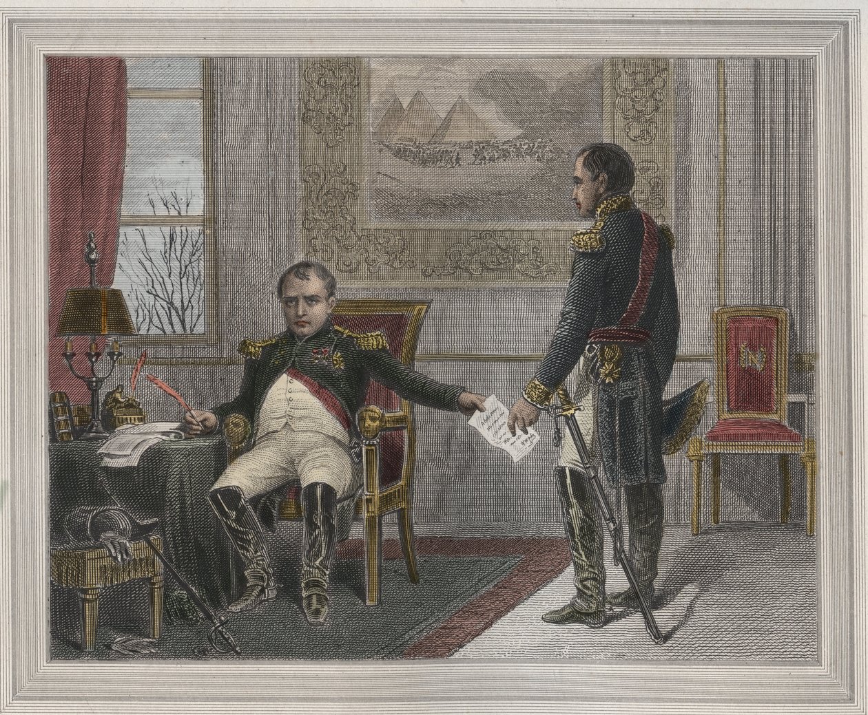 Napoleon signerer sin abdikasjon 1814 - Napoleon Bonaparte (1769-1821) i Fontainebleau under sin første abdikasjon, signert i april 1814 Gravering i "Les Fastes Populaires, ou Histoire des acts heroiques du peuple et de son influence sur les sciences, le av Unknown artist
