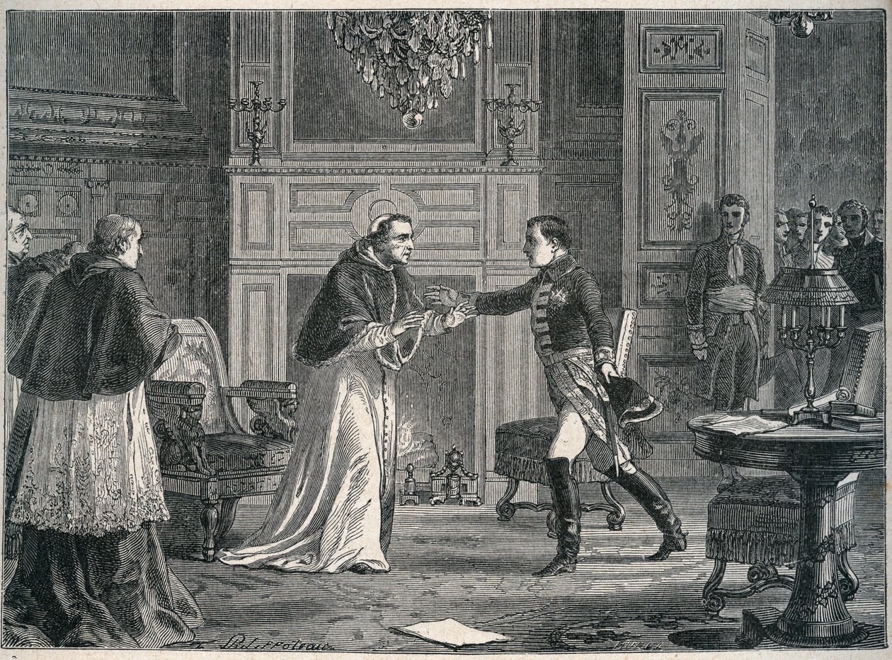 Napoleon besøker pave Pius VII i Fontainebleau 1804 - Besøk av Napoleon I til pave Pius VII a Fontainebleau 1804 av Unknown artist
