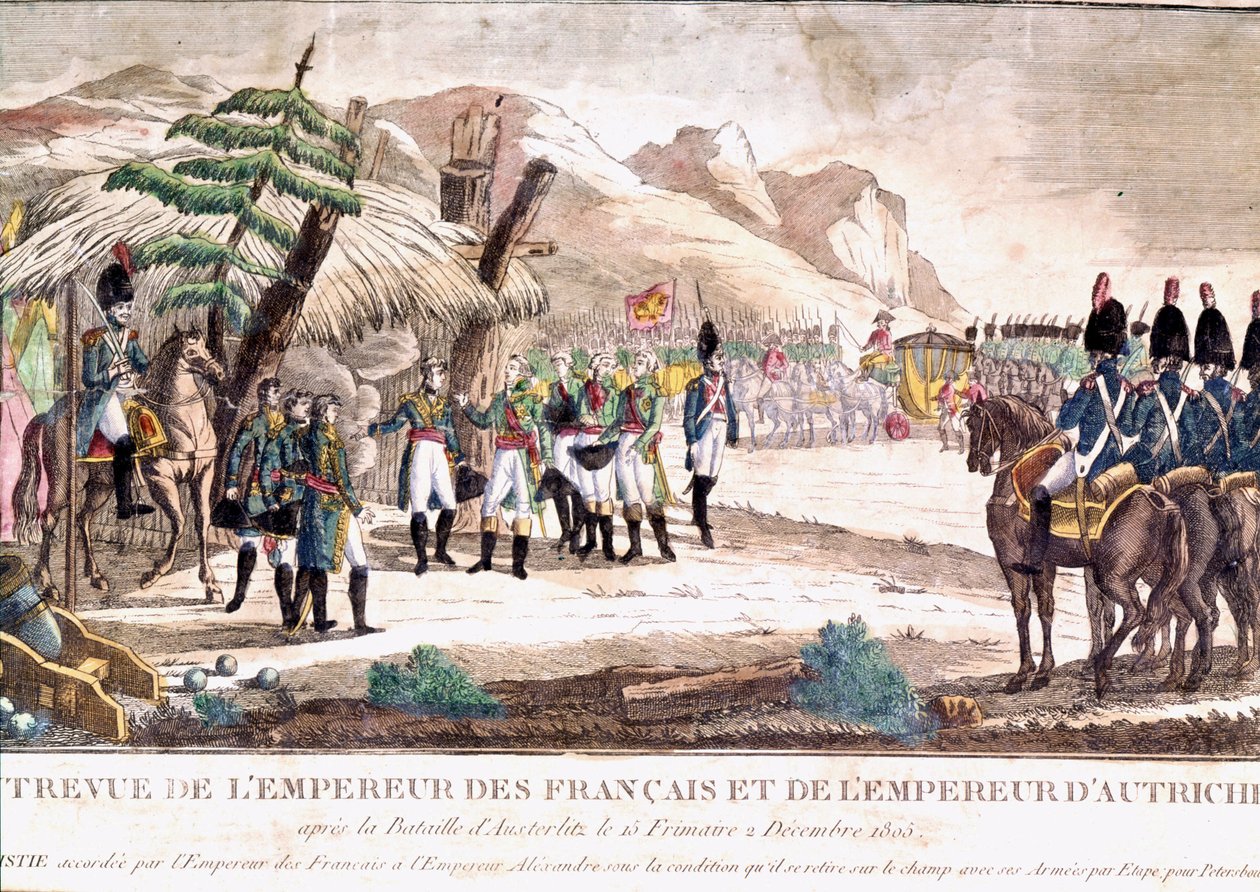 Napoleonskrigen: Napoleon I møter keiser Francois II etter slaget ved Austerlitz 2.12.1805. Gravering av 1800-tallet. av Unknown artist