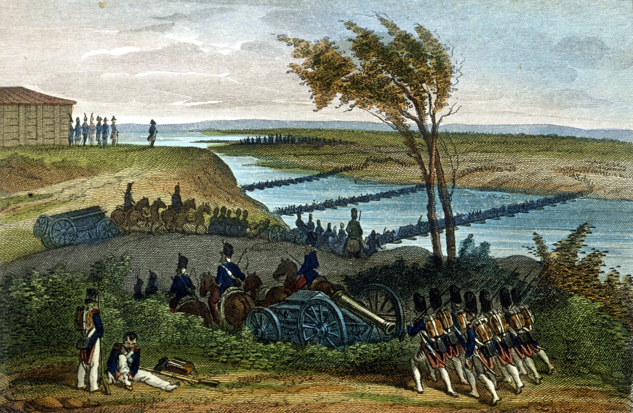 Napoleonskrigen: Russisk kampanje. Passasje av elven Niemen (Dnjemen) 24.06.1812, som skiller de to imperiene. Gravering fra 1800-tallet. av Unknown artist