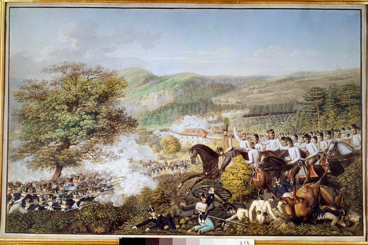 Napoleonskrigen: "" Det franske infanteriet mot det prøyssiske kavaleriet"" Anonym akvarell. 1813 Berlin, historisk museum av Unknown artist