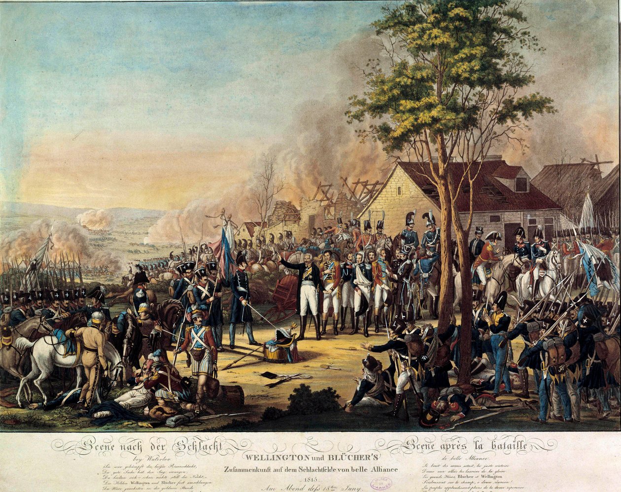 Napoleonskrigene: Slaget ved Belle Alliance eller Waterloo vunnet 18.06.1815 av de væpnede styrkene under ordre fra Arthur Wellesley, hertugen av Wellington (1769-1852) og prins Blucher av Unknown artist