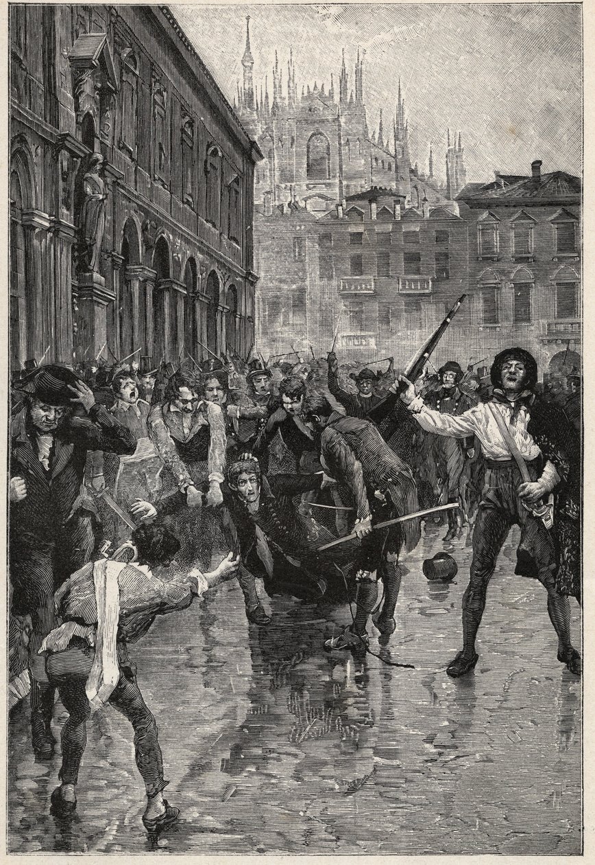 Napoleons abdikasjon oppmuntrer til opptøyer i Milano, og Giuseppe Prina, den upopulære finansministeren, blir dratt rundt i gatene og til slutt drept av mobben på Piazza San Fedele i Milano, 20. april av Unknown artist