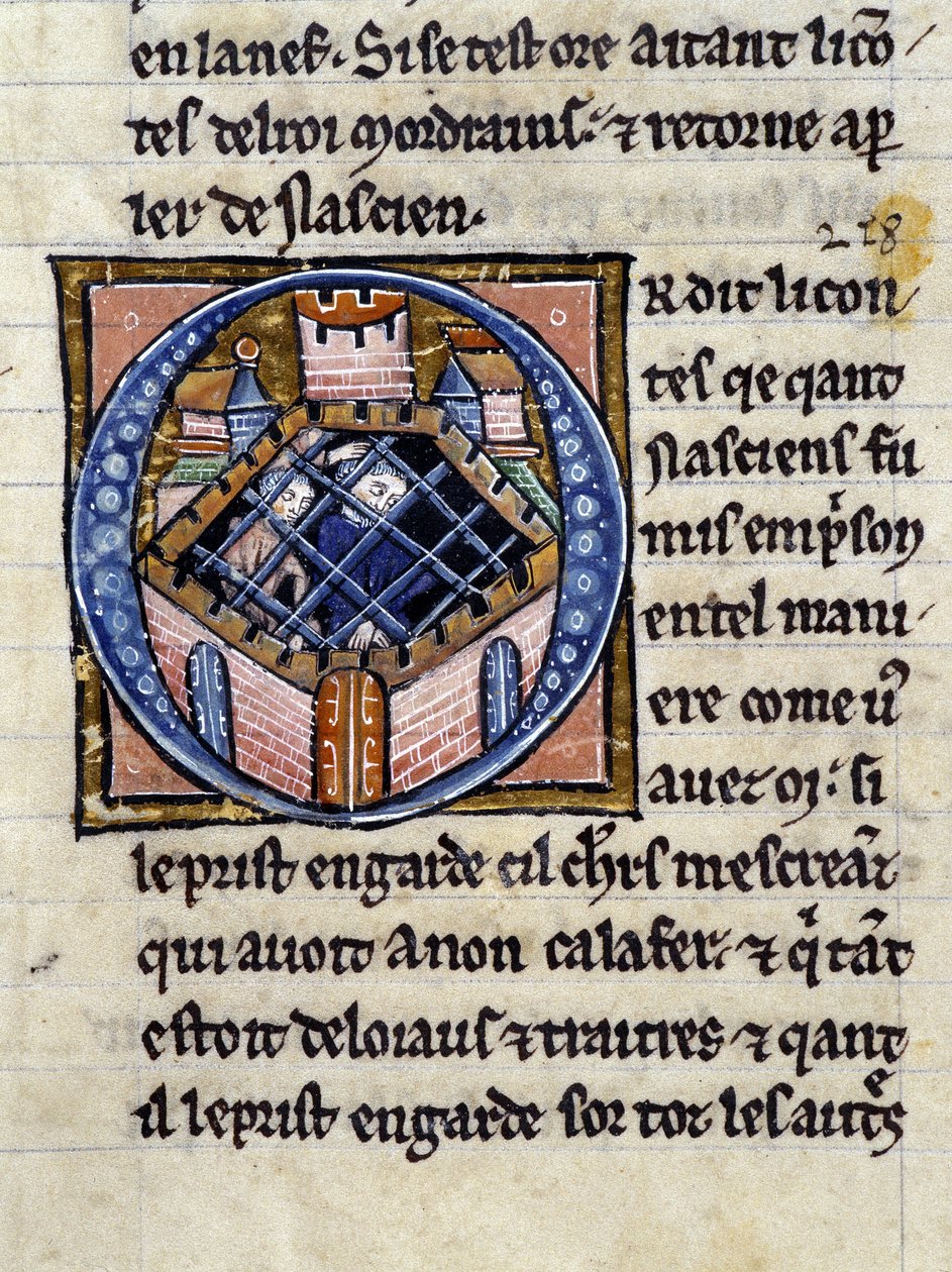 Nascion i fengsel. Manuskript: Conquest of the Saint Gréal, skrevet 717 år etter lidenskapen til vår herre. Bibliotheque Municipale de Rennes, ms. 255 (Samling av romaner om det runde bord); Paris av Unknown artist