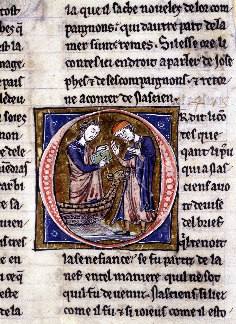 Nascion mottar boken (?). Manuskript: Conquest of the Saint Gréal, skrevet 717 år etter lidenskapen til vår herre. Bibliotheque Municipale de Rennes, ms. 255 (Samling av romaner om det runde bord); Paris av Unknown artist