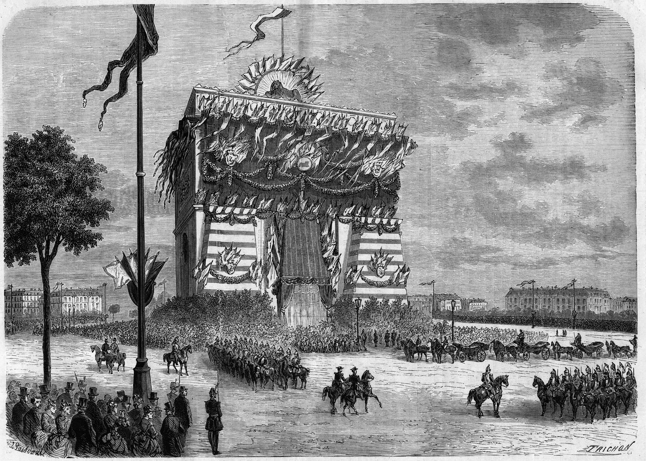 Nasir Al-Din (Nasser al Din) (1831-1896) Shah of Persia visiting Paris. solemn reception at the roundabout of the triumph arch of the star. av Unknown artist
