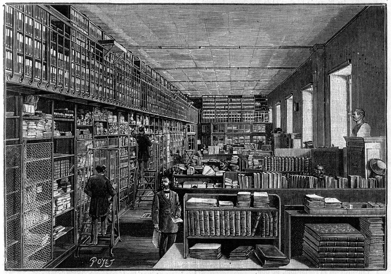 Nasjonalbiblioteket i Paris: Katalogkontoret. Ovenpå er boksene til skuespillene. Gravering i "" La Nature: revue des sciences et de leurs applications aux arts et a l