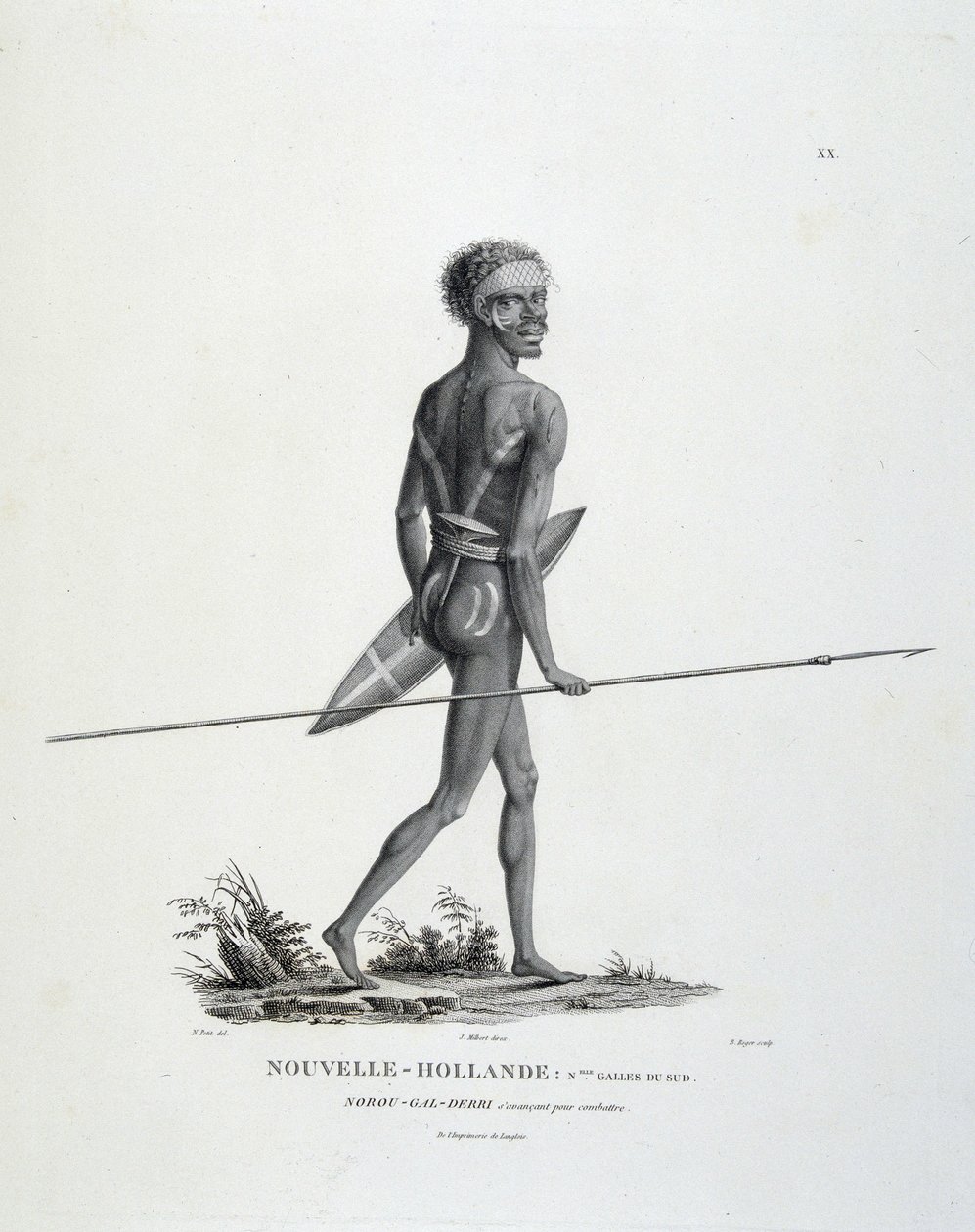 Innfødte North-Gal-Derri fra New South Wales i New Holland rykker frem for å kjempe - i "" Journey of Discoveries to the Southern Lands"" av Mrs. Lesueur og Peer av Unknown artist