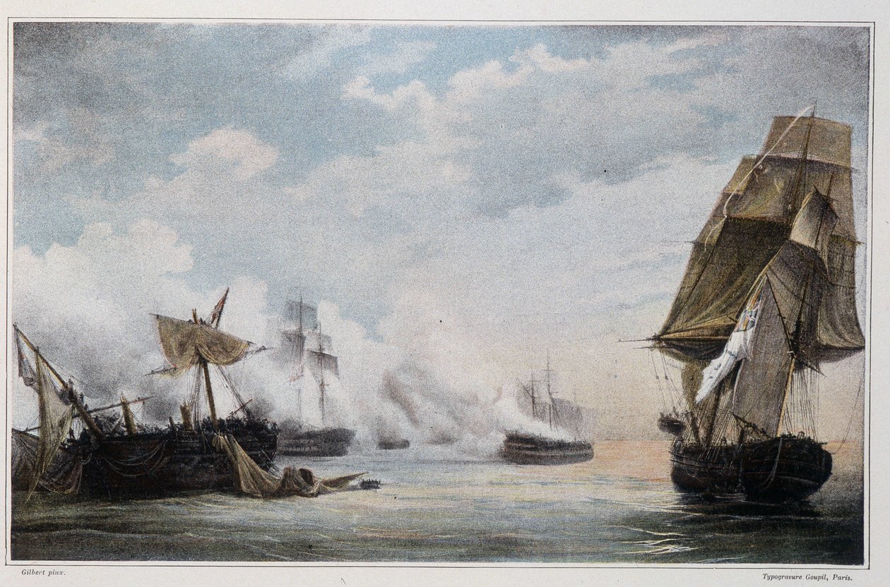 Sjøslag mellom det franske skipet «Formidable» og de engelske skipene, «Cesar», «Spencer», «Venerable» og fregatten «Thames» før Cadiz 13. juli av Unknown artist