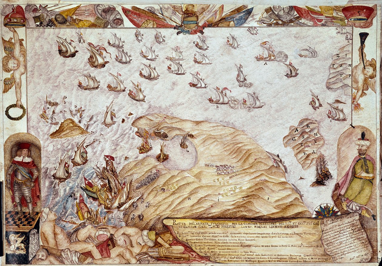 Sjøslag mellom den tyrkiske og venetianske flåten i 1661 - Miniatyr - Venezia, Biblioteca Marciana av Unknown artist