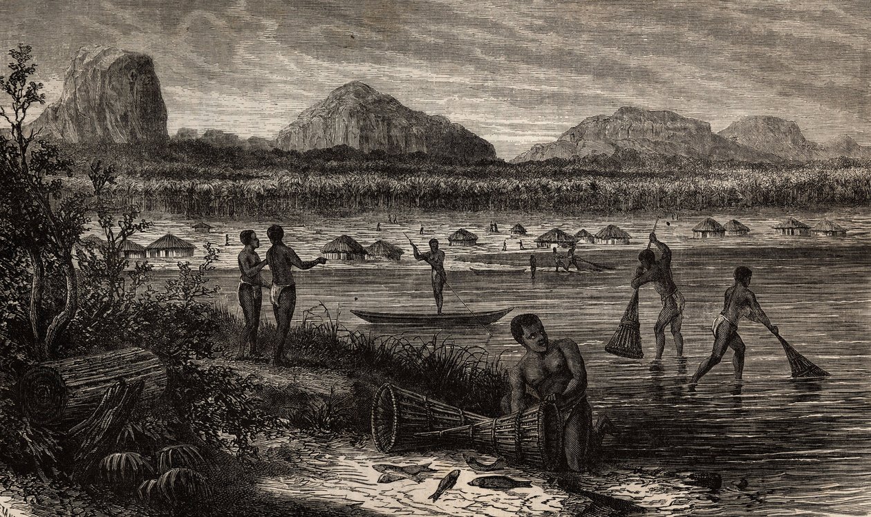 I nærheten av grå stær i Rovuma (Mozambique), fiskeaktiviteter av fisken. Gravering for å illustrere Dr. Livingstones første reiser til Sør-Afrika fra 1840 til 1856, i «Le tour du monde, nouveau journal des voyages»» publisert under direktivet av Unknown artist