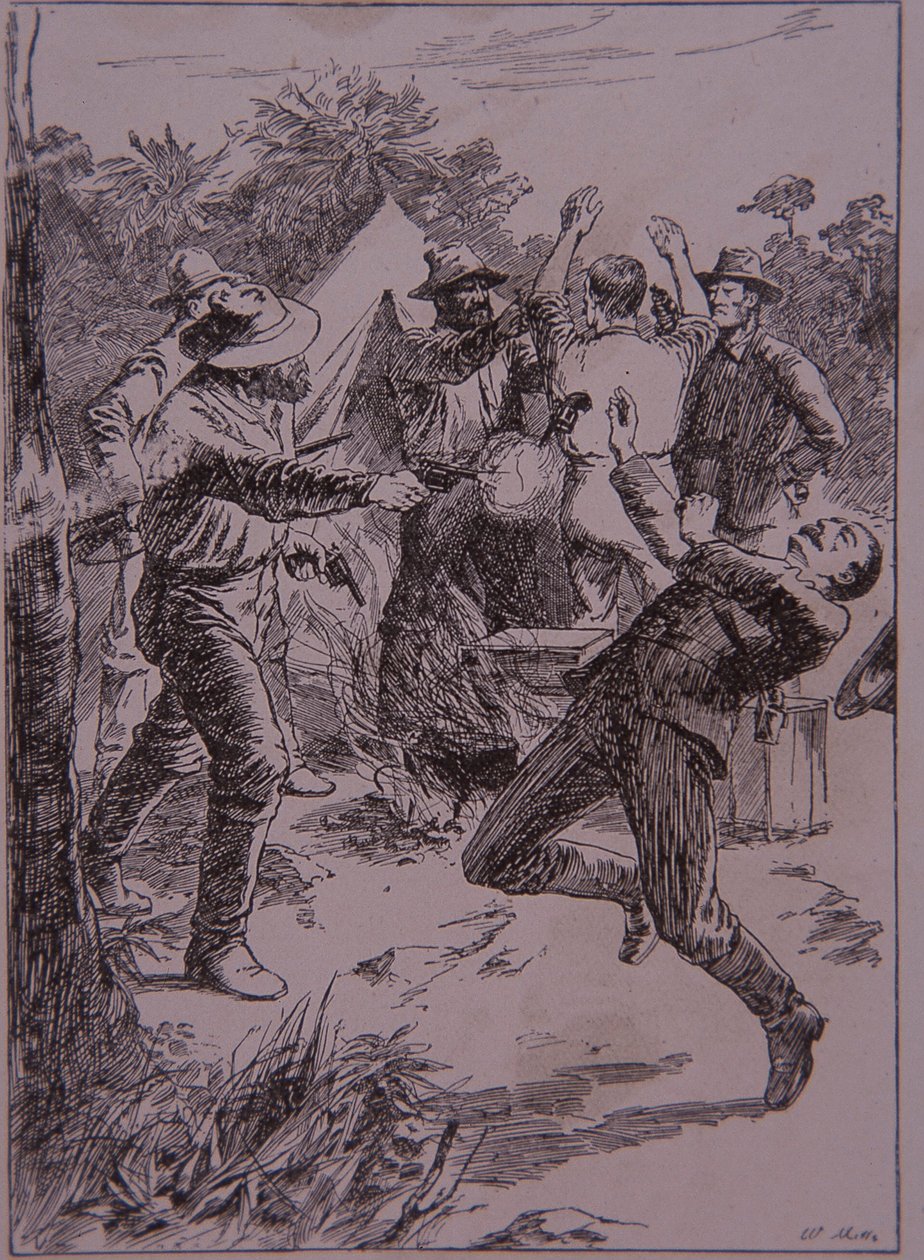 Ned Kelly dreper politikonstabel Lonigan ved Stringybark Creek i 1878 (gravering) av Unknown artist