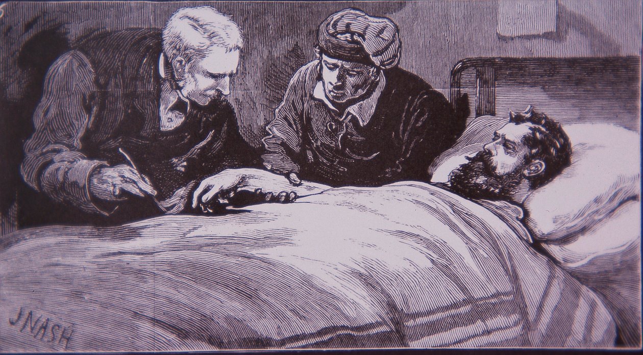 Ned Kelly ligger såret på fengselssykehuset i Melbourne etter å ha blitt tatt til fange av politiet 28. juni 1880 (gravering) av Unknown artist
