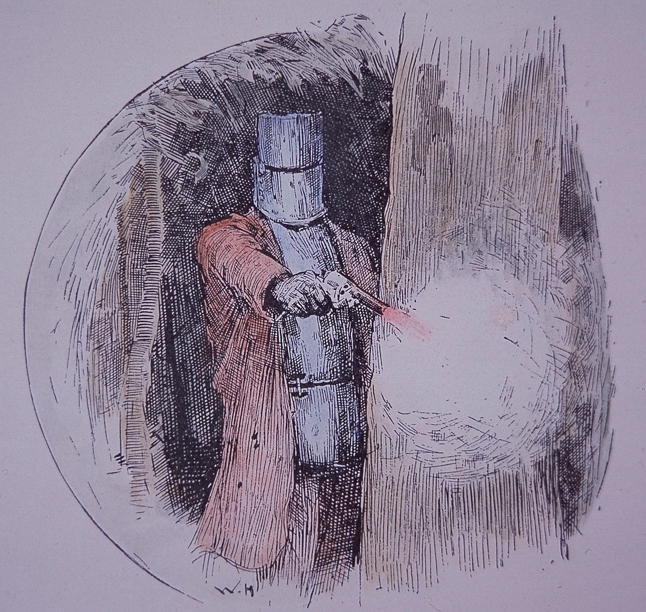Ned Kelly iført sin hjemmelagde rustning, i konfrontasjon med politiet (håndfarget gravering) av Unknown artist