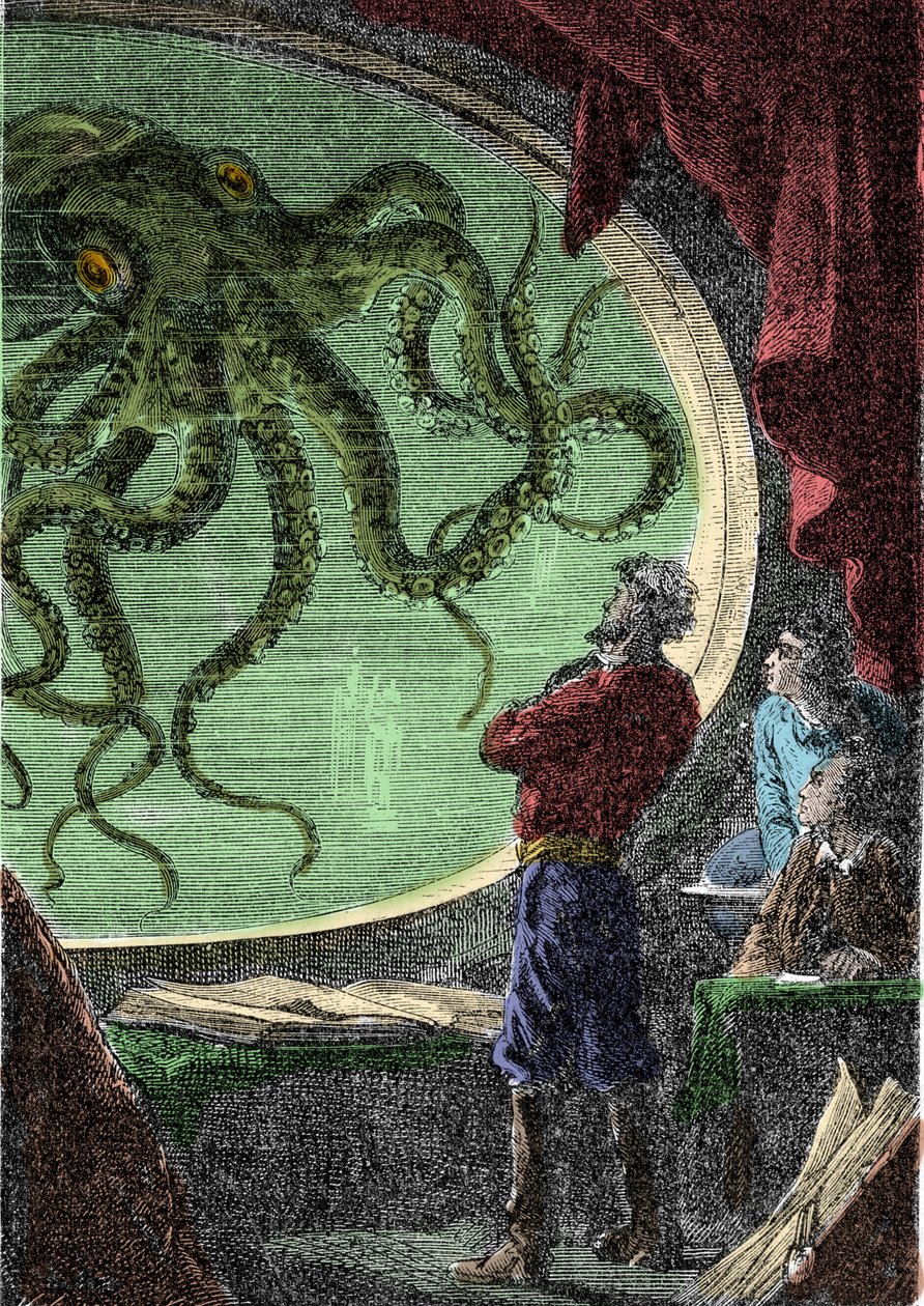 Ned Land, professor Aronnax og hans tjener Conseil ser på den gigantiske blekkspruten gjennom koøyen til ubåten Nautilus Gravering av boken til Jules Verne "Tjue tusen ligaer under havet" (tjue tusen - 20 000 - 20000) av Unknown artist