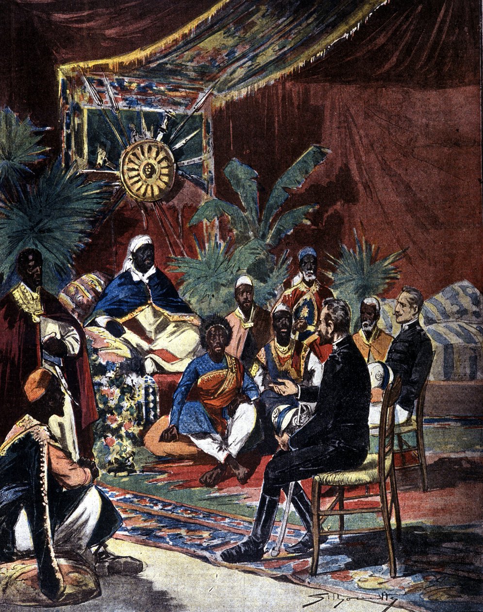 Forhandlinger om fred med Etiopia etter det italienske nederlaget i Adoua i 1896. Major Salsa og kaptein Angherà møtte kong Menelik II (1844 - 1913) og hans høvdinger. Illustrasjon av pressen fra slutten av 1800-tallet av Silhouette. av Unknown artist