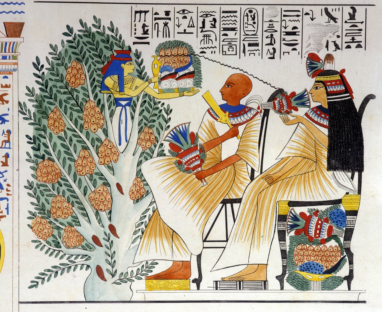 Nephtys, egyptisk gudinne, springer ut av det mystiske treet og tilbyr mat til den avdøde - i "Monuments of Egypt and Upper Nubia" av Ippolito Rosellini (Rossellini). 1800-tallet. av Unknown artist