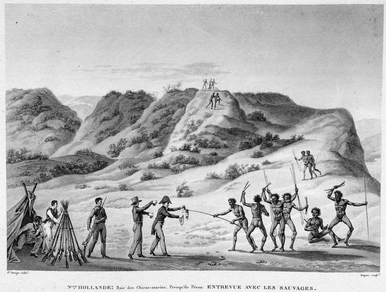 New Holland, Bay of Marine Dogs, Peron-halvøya: intervju med indianerne (møte mellom aboriginere og nybyggere) - gravering, deb. 1800-tallet av Unknown artist