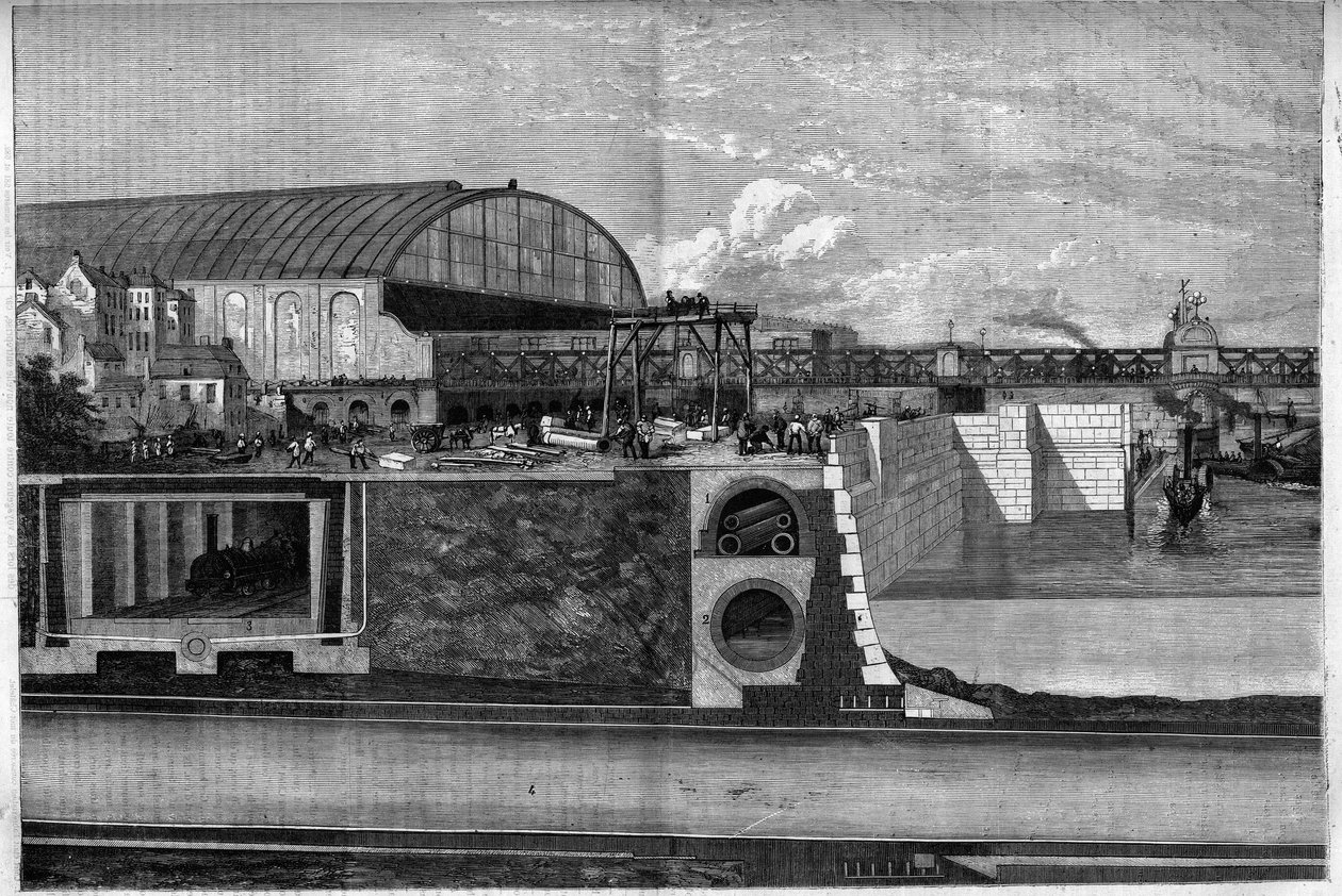 New Thames Wharf Section i London, England som indikerer: 1. Den øvre underjordiske ruten for vann- og gassrør og telegrafledninger; 2. Sylindrisk kloakk; 3. Metropolitan jernbane; 4. Atmosfærisk jernbane. Gravering i "" The Illustrious Universe"" av Unknown artist