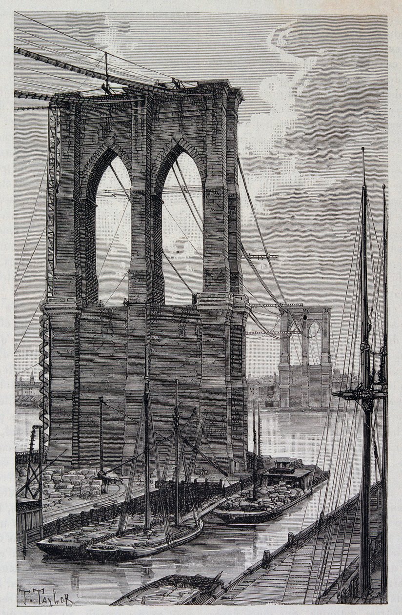 New York: Brooklyn Bridge-hauger under bygging - i «The World Tour», 2. semester 1881 av Unknown artist