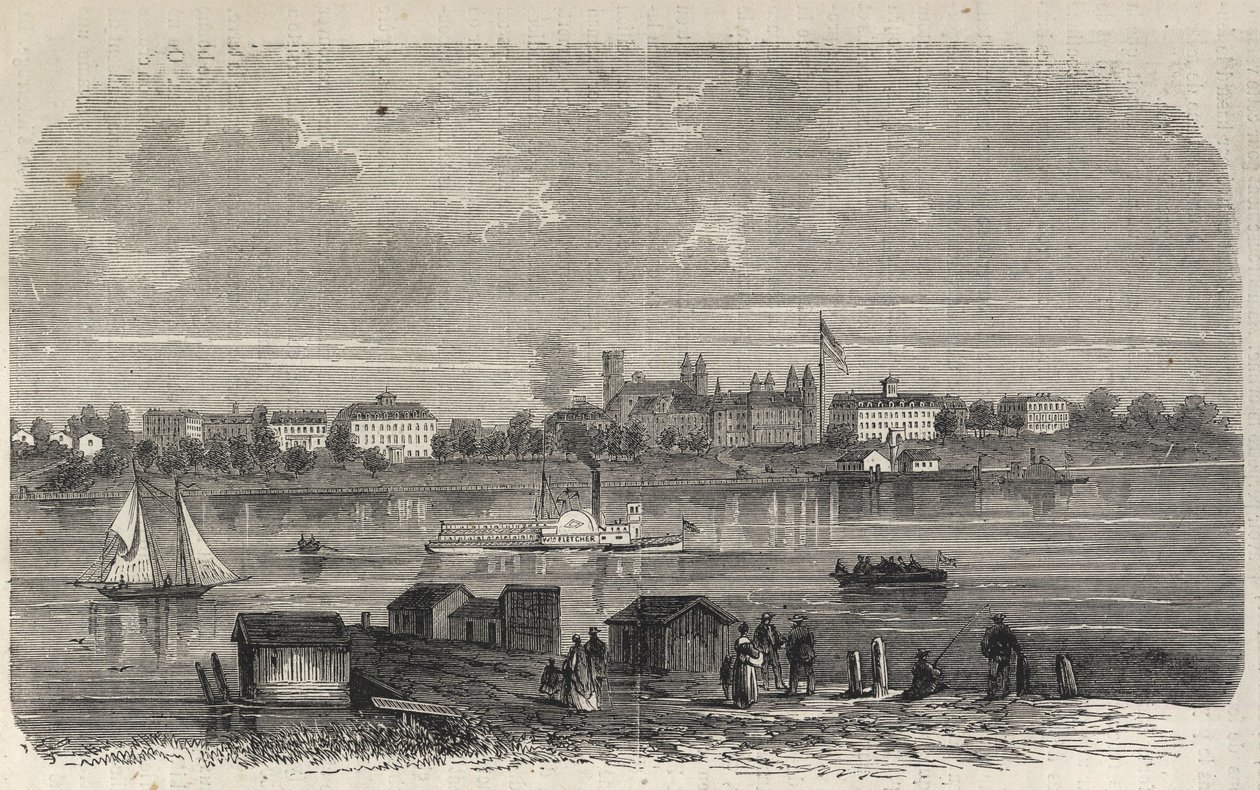 New York State - Emigration Commission Establishment - Ward Island - Gravering i "The Illustrous Universe" fra 1869 av Unknown artist