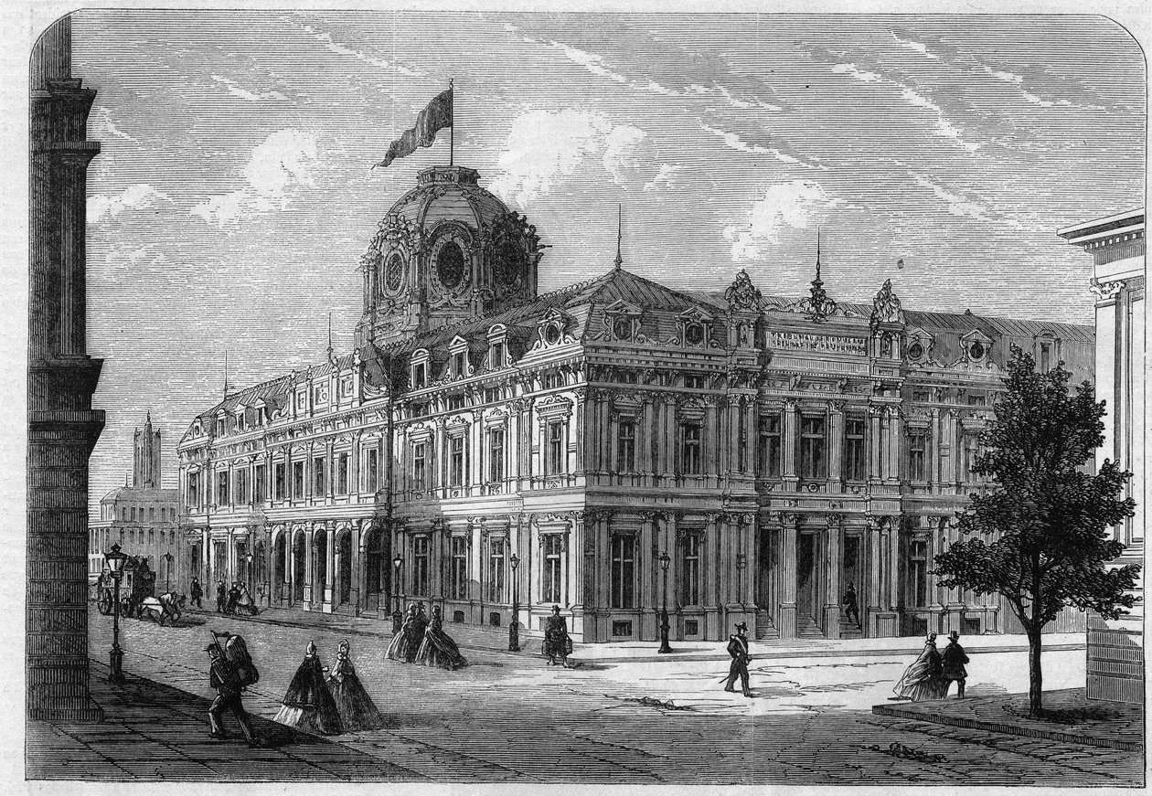 Ny handelsdomstol i Paris Quai de Corse (tidligere Quai Desaix) på Ile de la Cite, bygget i henhold til planene til arkitekten Antoine Nicolas Louis Bailly (1810-1892) med avtale fra prefet Georges Eugene Haussmann (Baron Haussmann) av Unknown artist