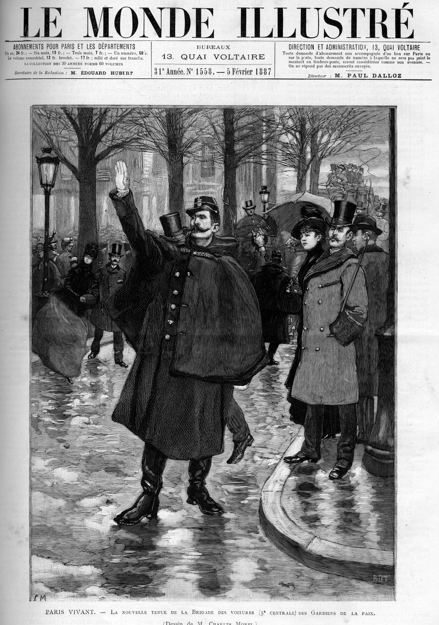 Nytt antrekk fra fredsbevarende bilbrigade i Paris. Gravering i "" Le monde illustrious"" av Unknown artist