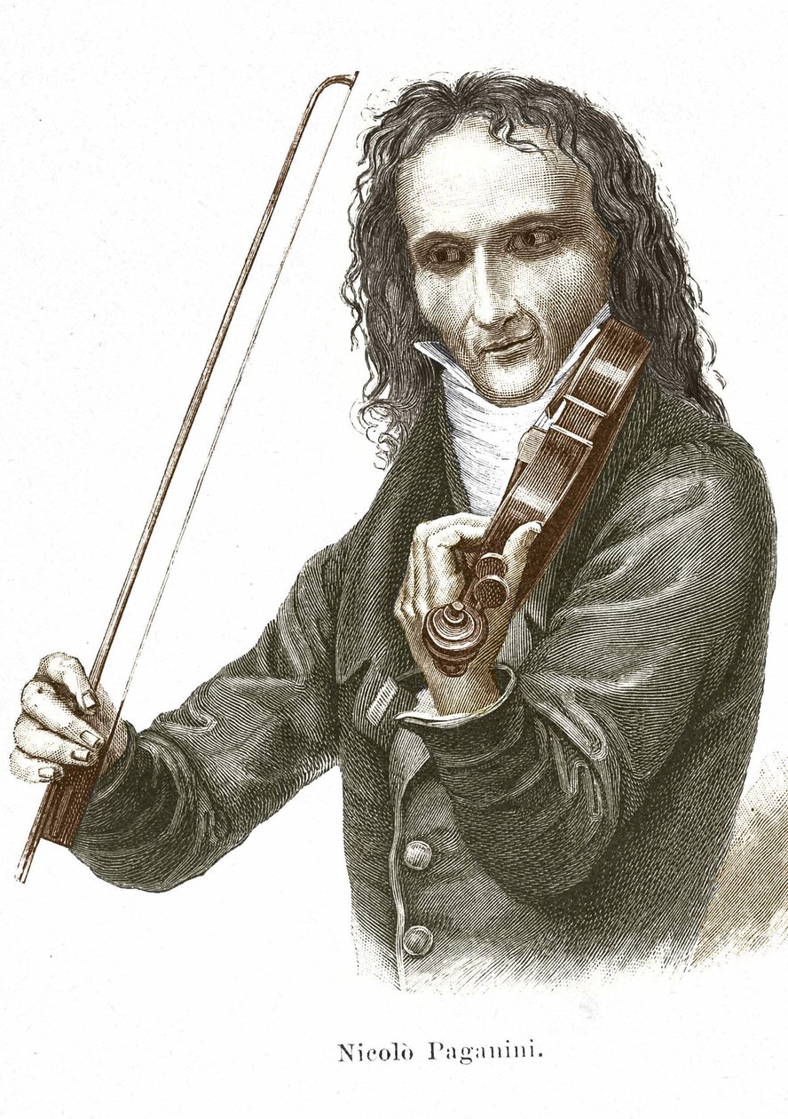 Niccolo Paganini (1782 - 1840) spiller på sin Stradivarius (fiolin skapt av den italienske luthier Antonio Stradivari). av Unknown artist