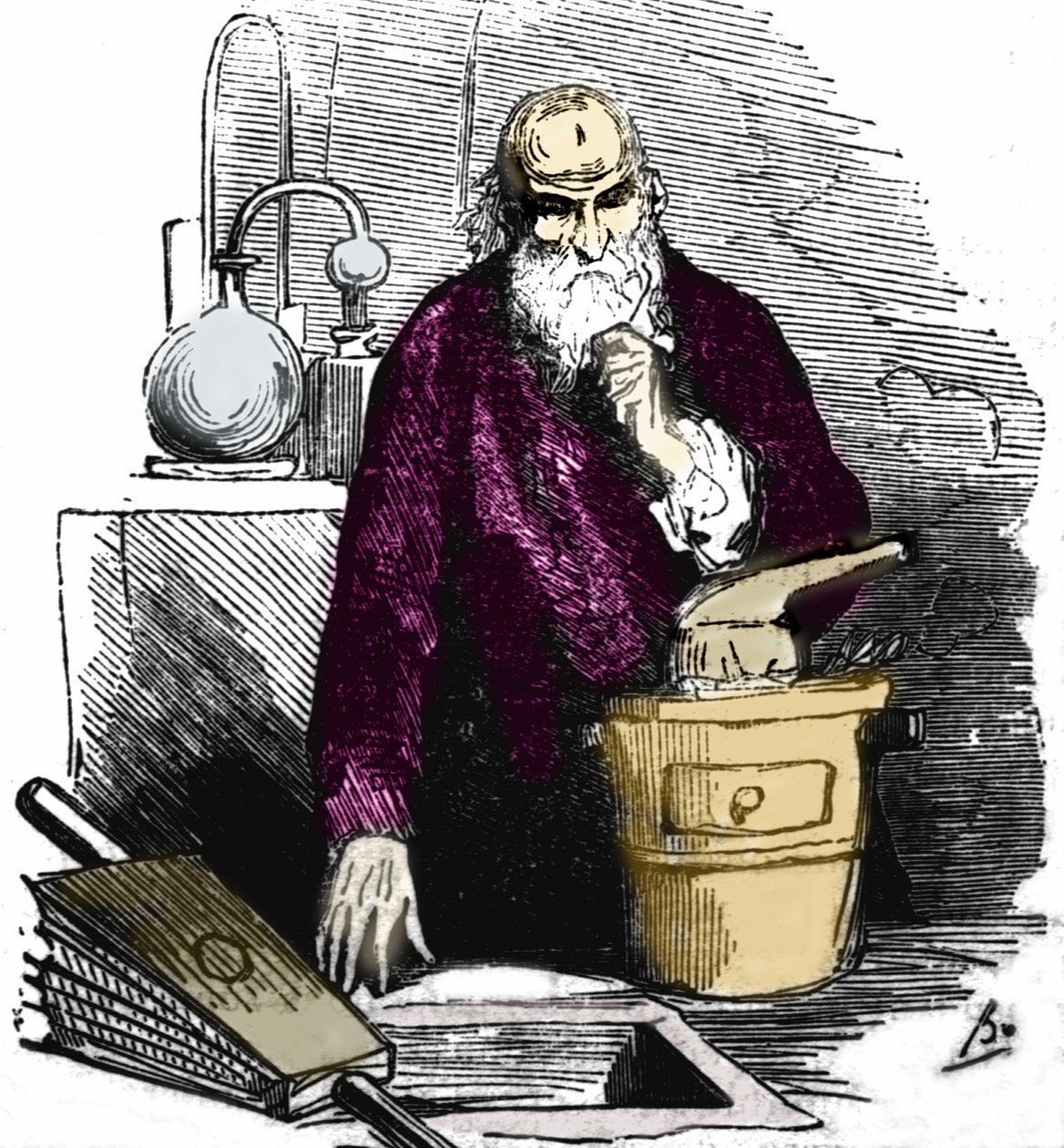 Nicolas Flamel (1330 - 1418) i laboratoriet hans. av Unknown artist