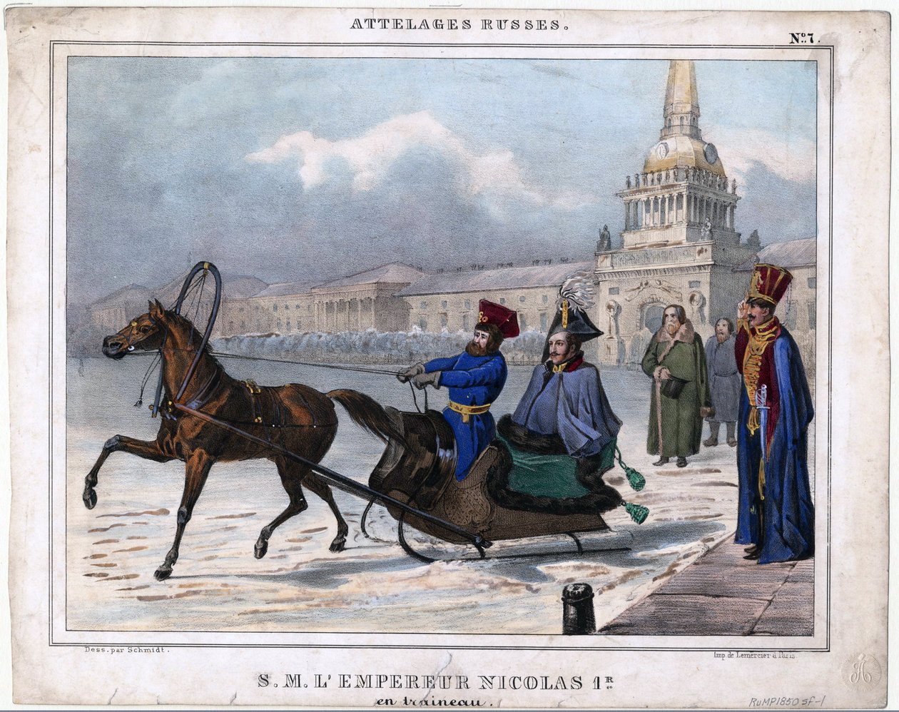 Nicolas I en traineau - Nicholas I av Russland i en slede - Anonym - 1850 - Litografi, akvarell - 21,3x26,8 - Privat samling av Unknown artist