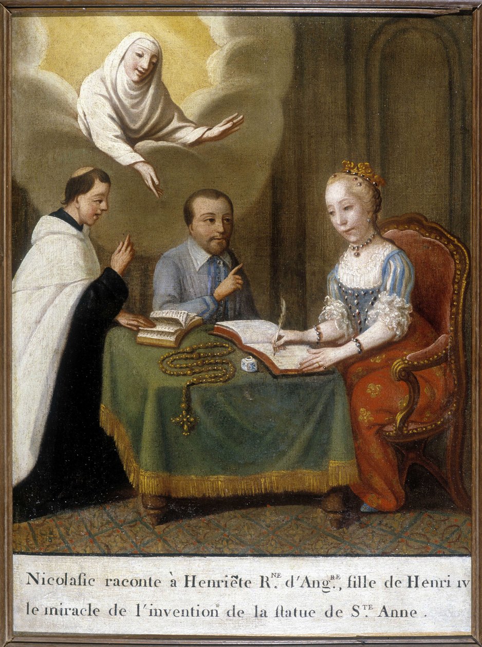 Nicolas forteller Henriette Queen of England og datter av Henry IV miraklet med oppfinnelsen av statuen av Saint Anne av Unknown artist