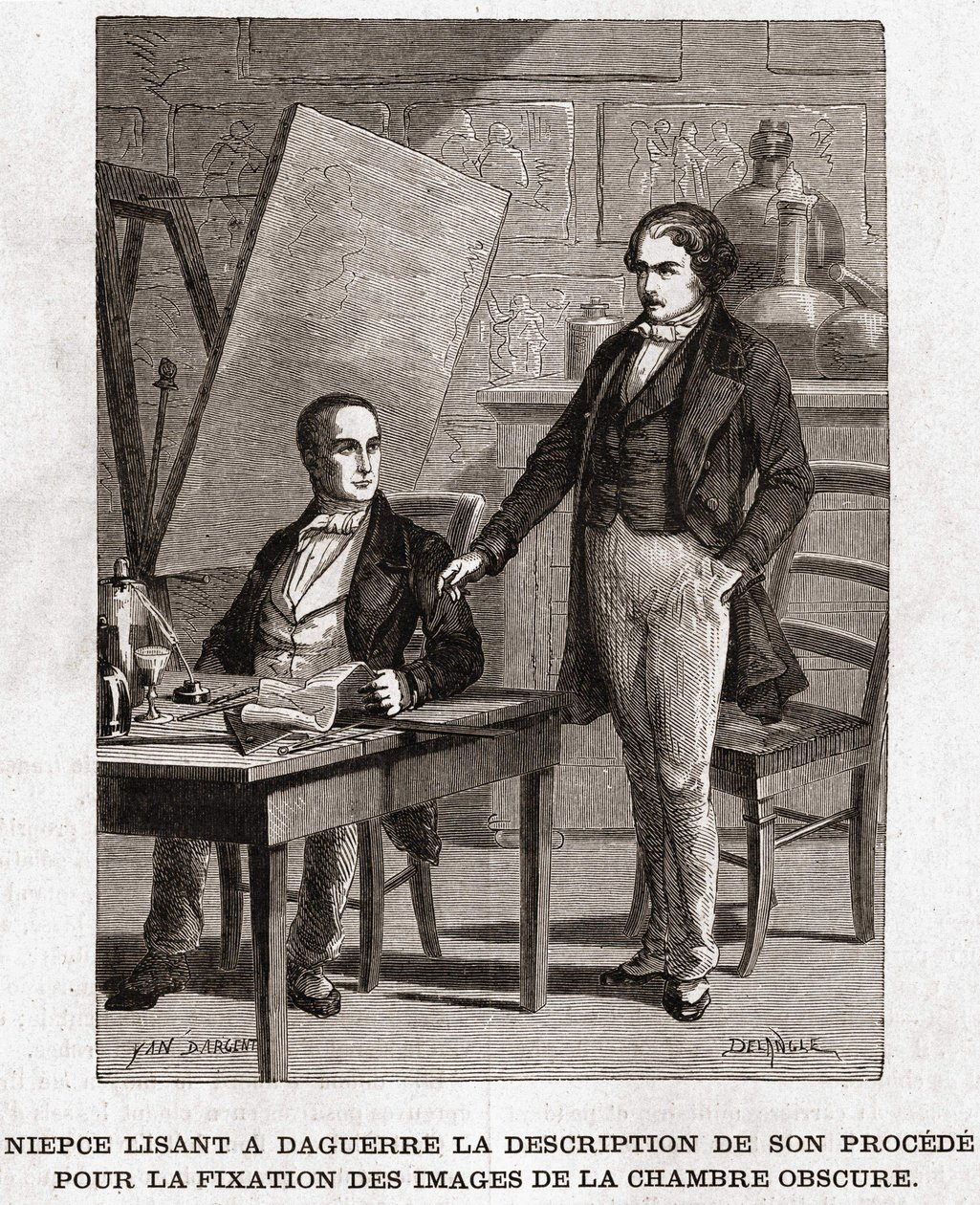 Niepce leser for Louis Daguerre i beskrivelsen av heliografi, for fiksering av bilder fra camera obscura - Nicephore Niepce (1765-1833), fransk oppfinner, pioner innen fotografi som leser for Daguerre beskrivelsen av metoden hans for å fikse bildene av Unknown artist