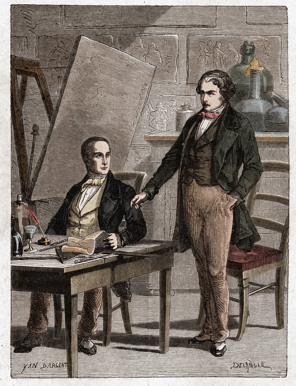 Niepce leser for Louis Daguerre i beskrivelsen av heliografi, for fiksering av bilder fra camera obscura - Nicephore Niepce (1765-1833), fransk oppfinner, pioner innen fotografi som leser for Daguerre beskrivelsen av metoden hans for fiksering av i av Unknown artist