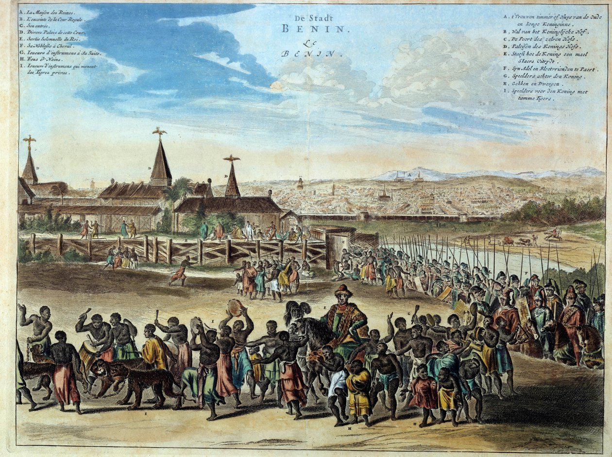 Nigerias hovedstad i kongeriket Benin høytidelig utgang av kong Houegbadja (1645-1689), i Obamey i 1680. Gravering fra 1686. Paris, afrikansk og oseanisk kunst. av Unknown artist